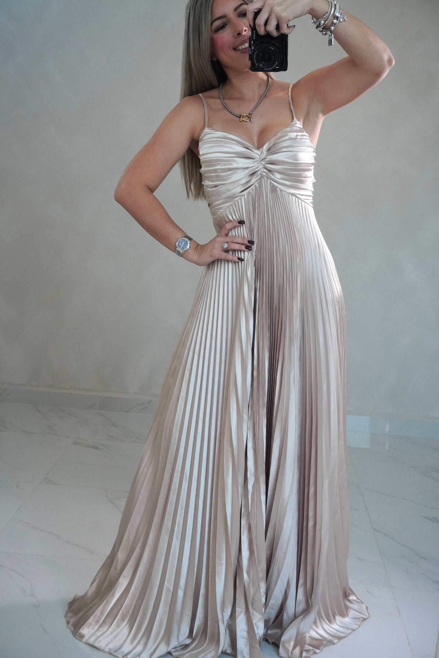 PLEATED CHAMPAGNE MAXI DRESS