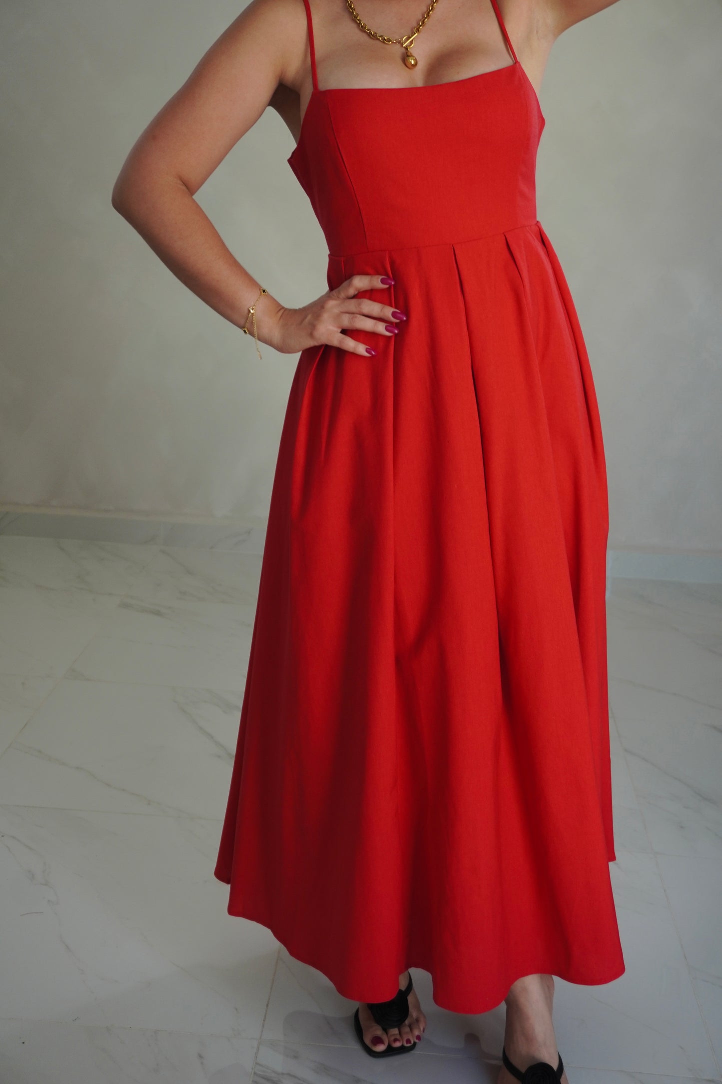 RED LINEN MIDI DRESS
