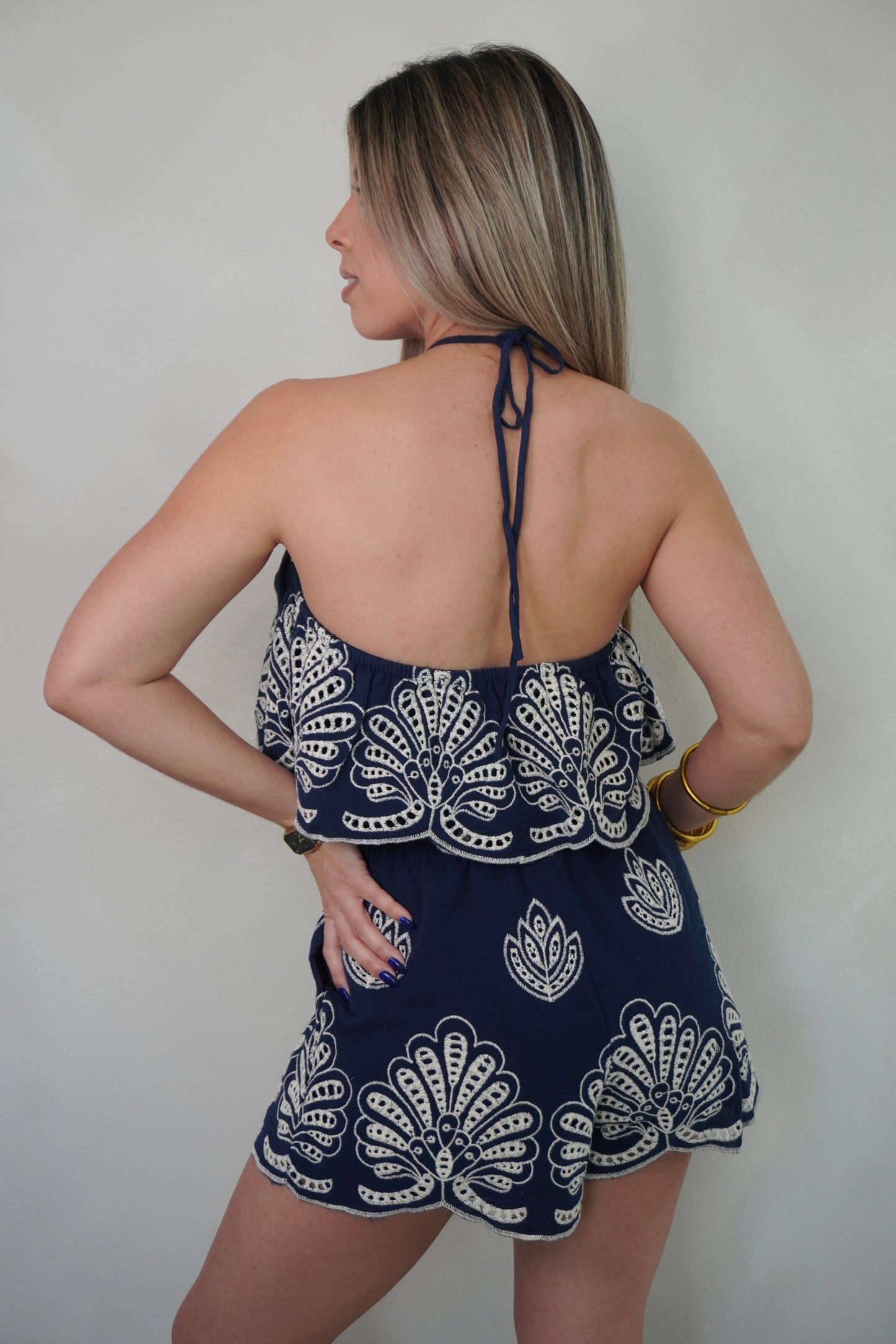 EYELET ROMPER - NAVY