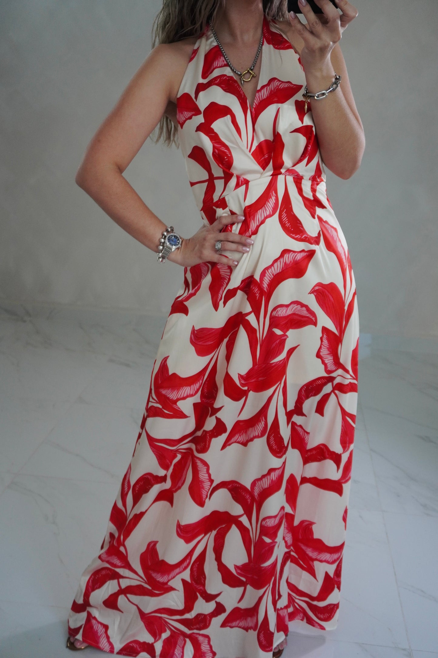 RED HALTER MAXI DRESS