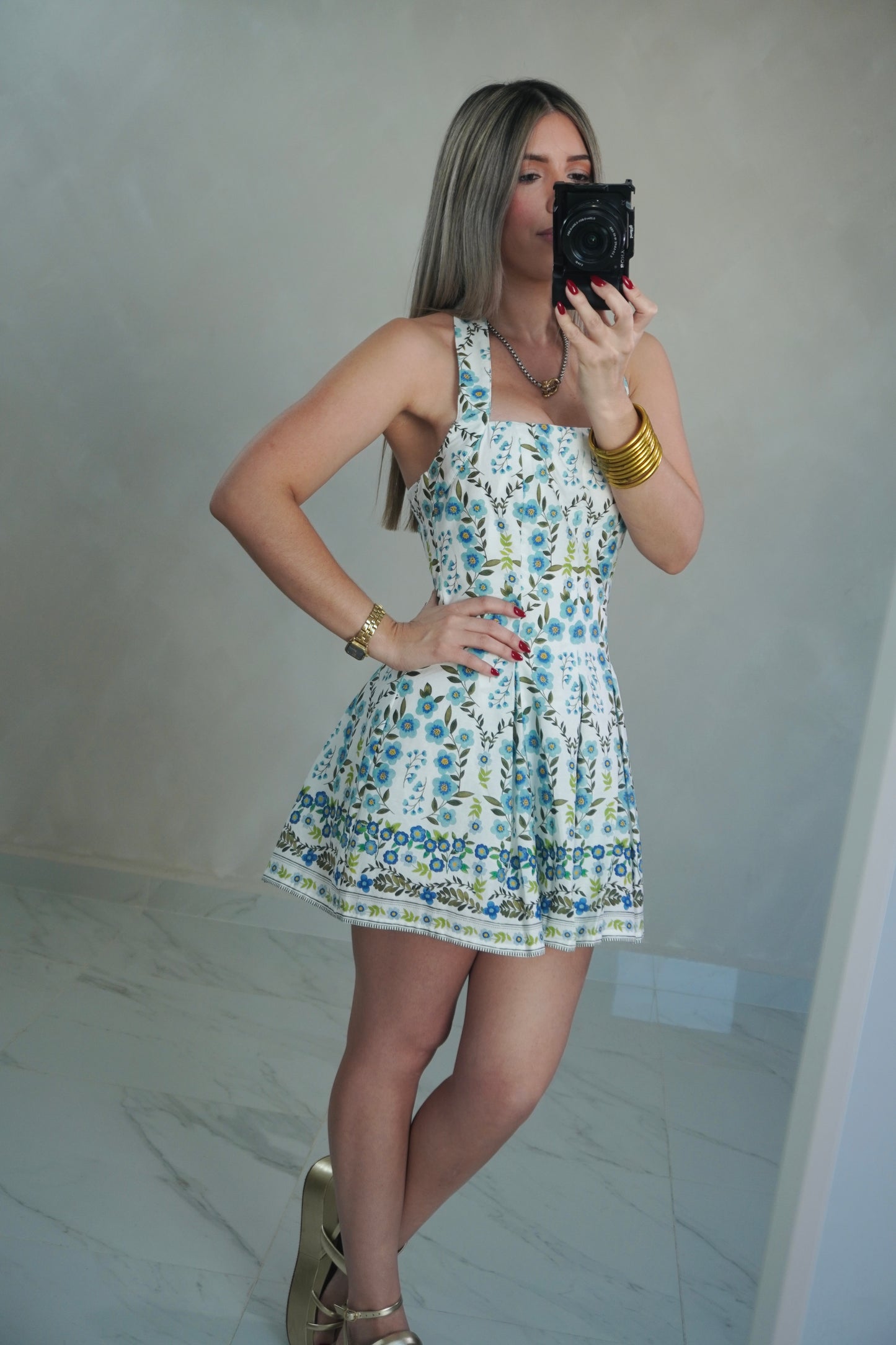 FLORAL HALTER ROMPER - BLUE