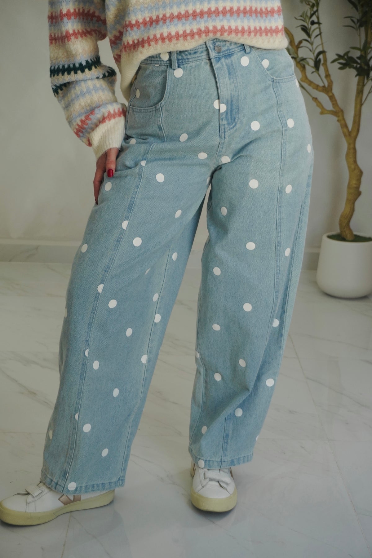 POLKA DOT MID WAIST BARREL JEAN