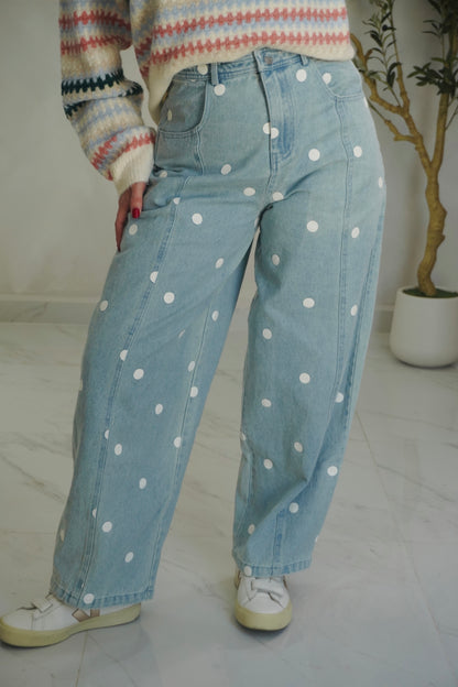 POLKA DOT MID WAIST BARREL JEAN