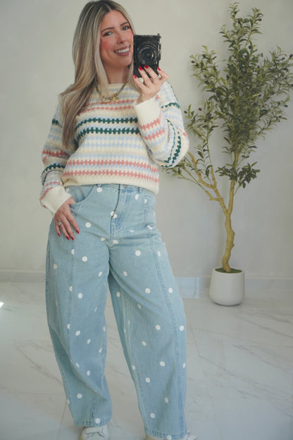 POLKA DOT MID WAIST BARREL JEAN