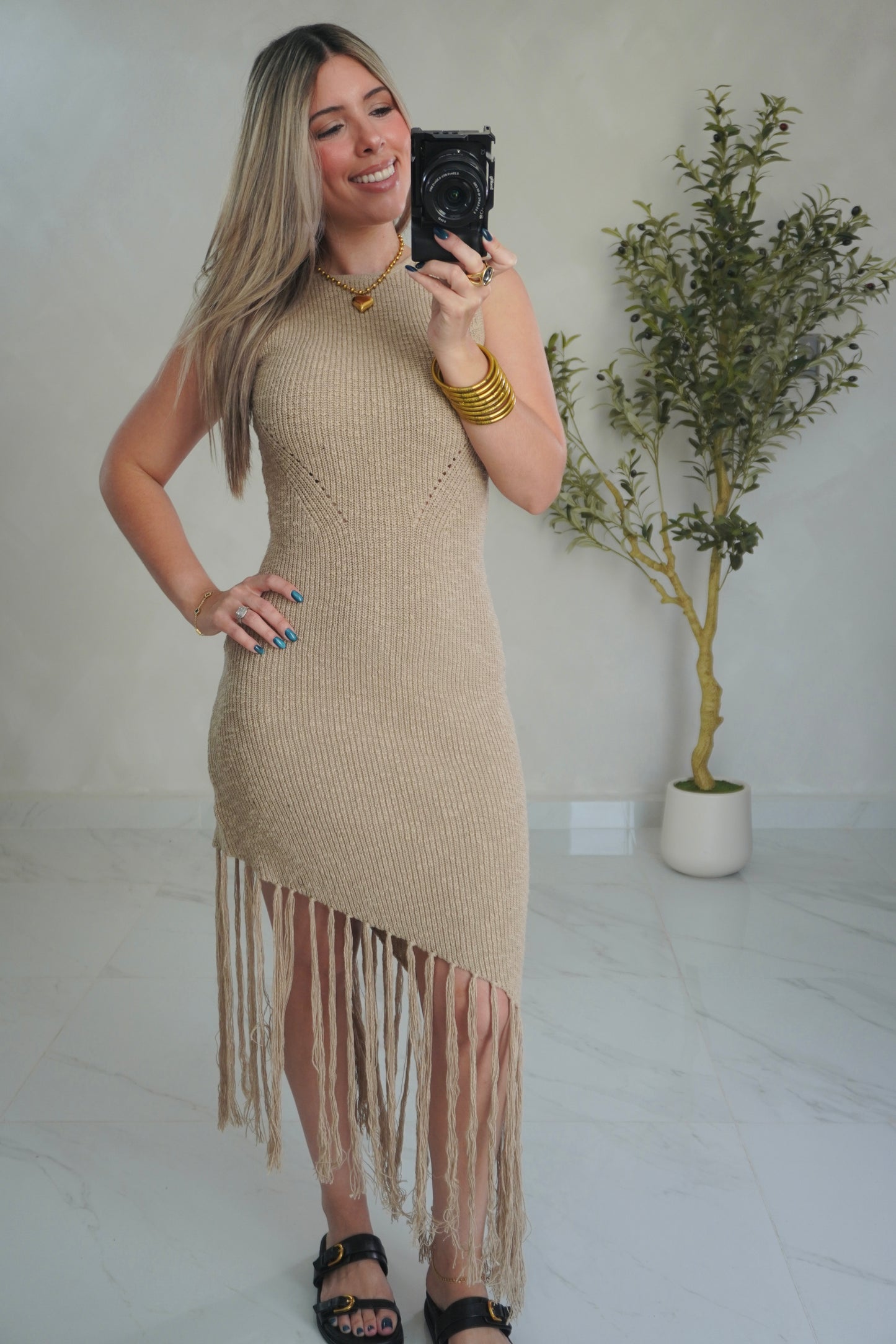 KNITTED ASYMMETRICAL MIDI DRESS MOCHA