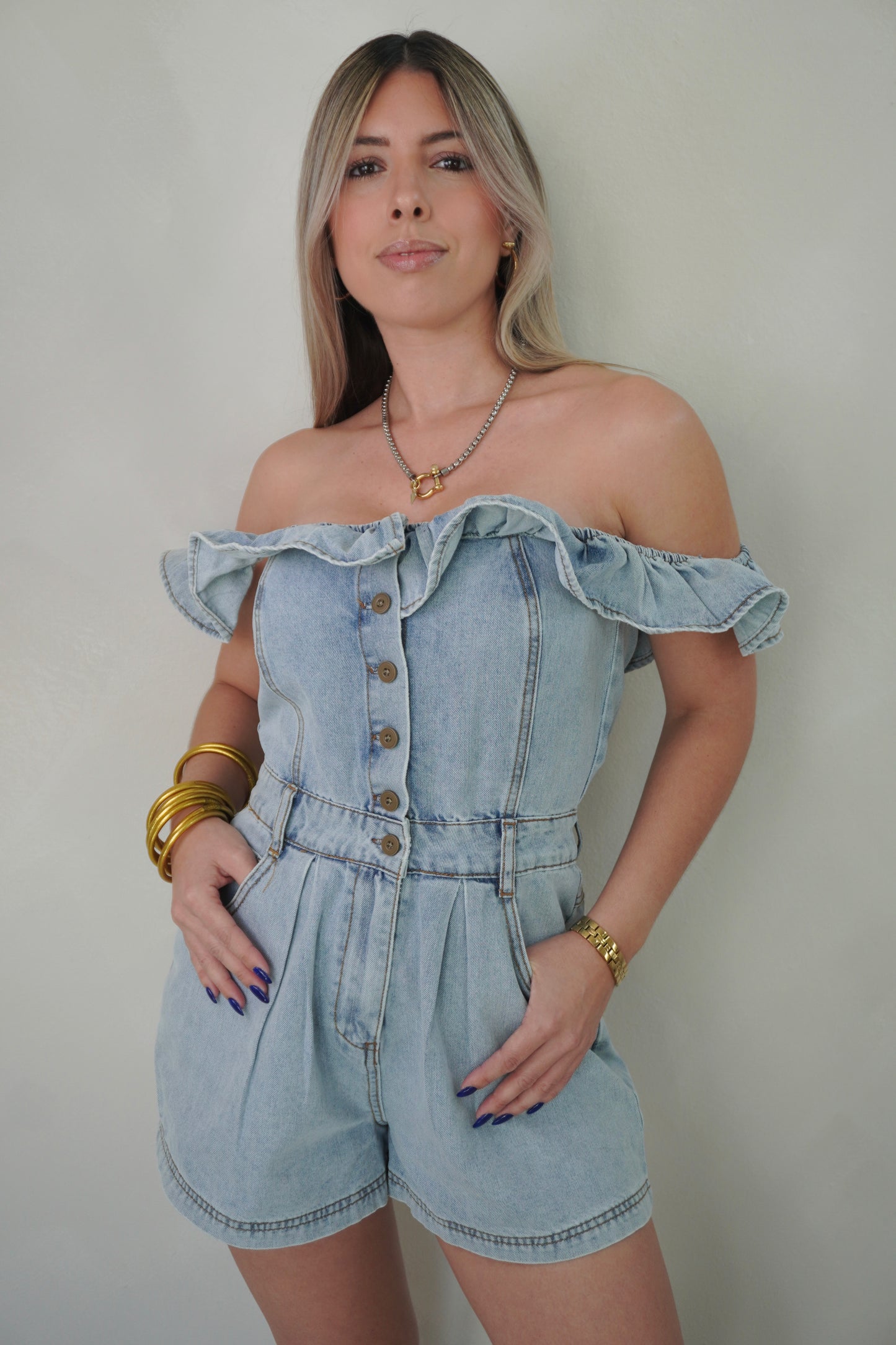 OFF SHOULDER DENIM ROMPER