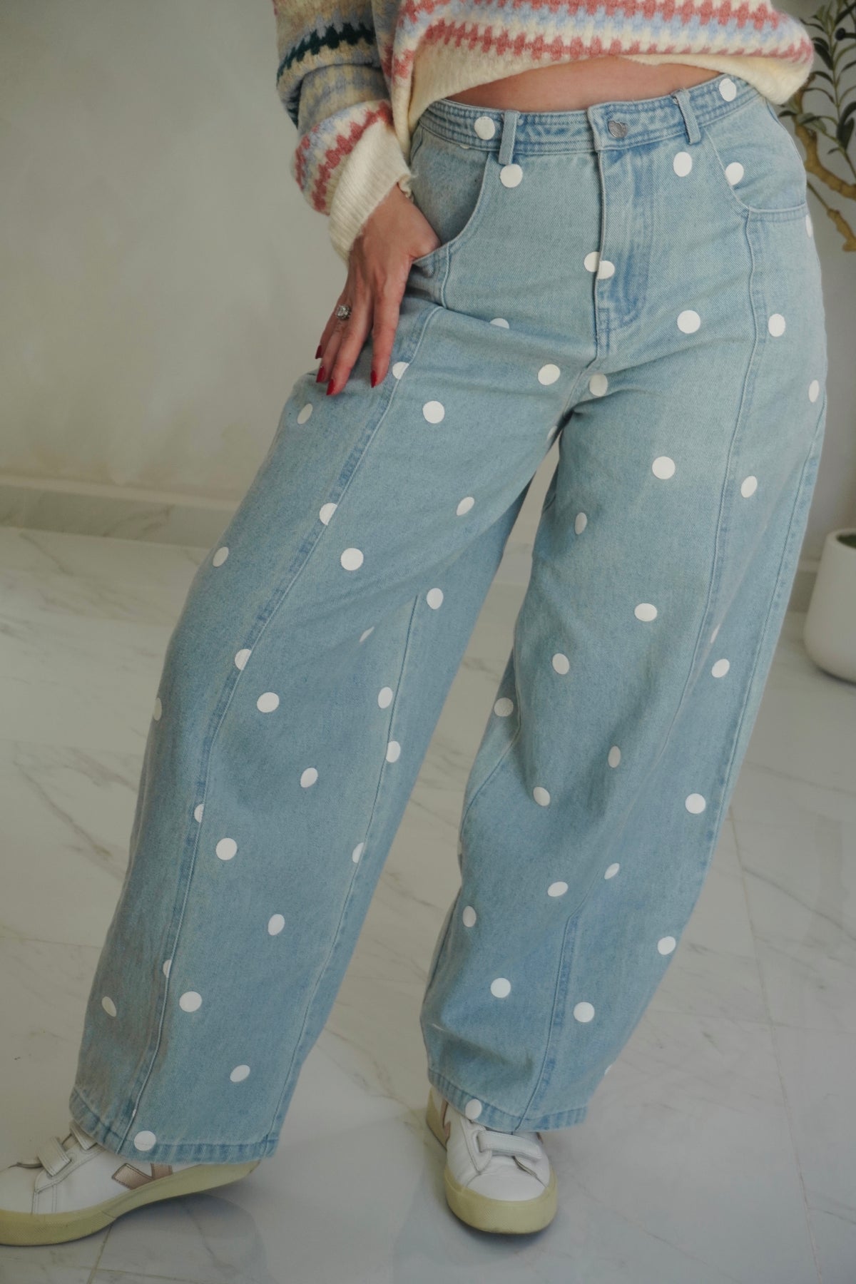 POLKA DOT MID WAIST BARREL JEAN