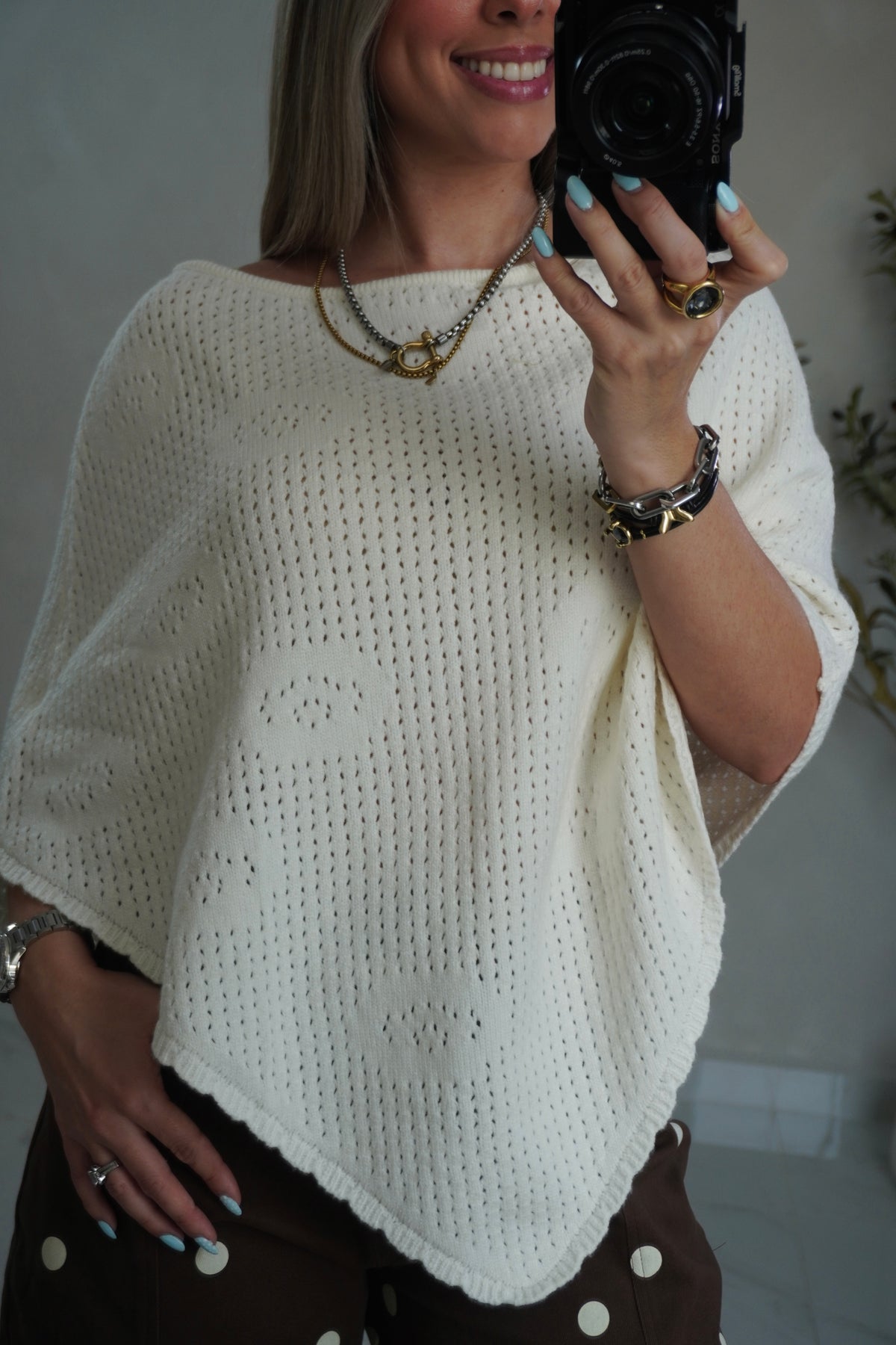 KNIT CROCHET PONCHO IVORY