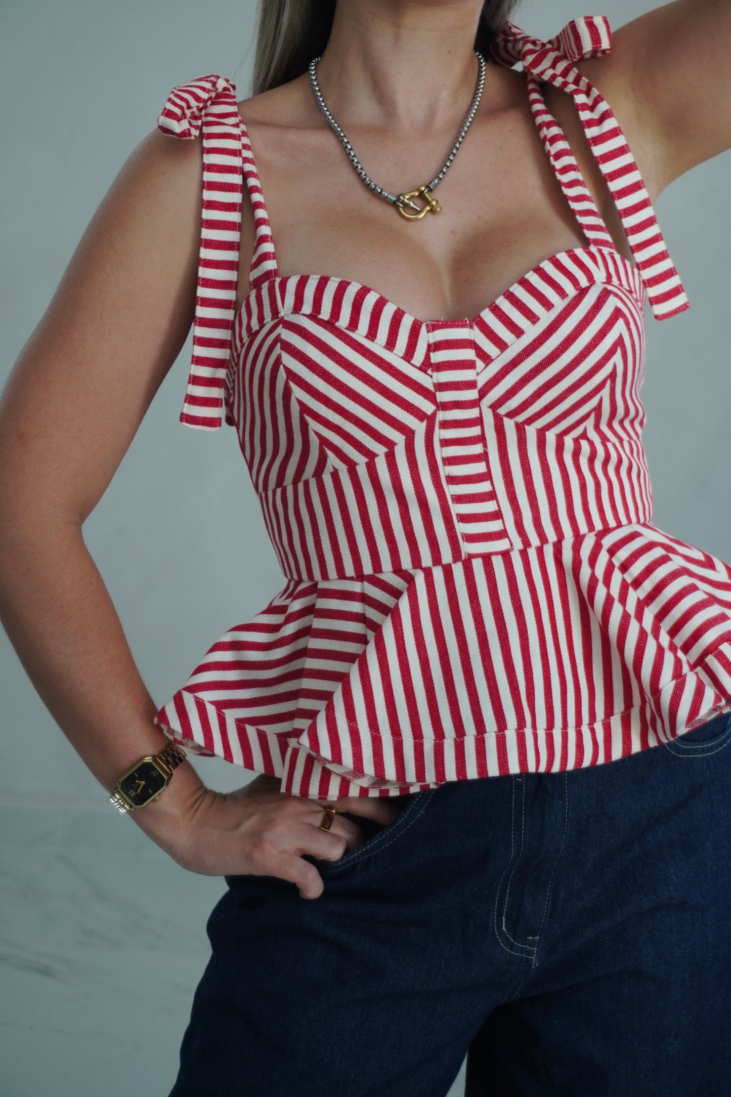 PEPLUM BOW TIE TOP - RED