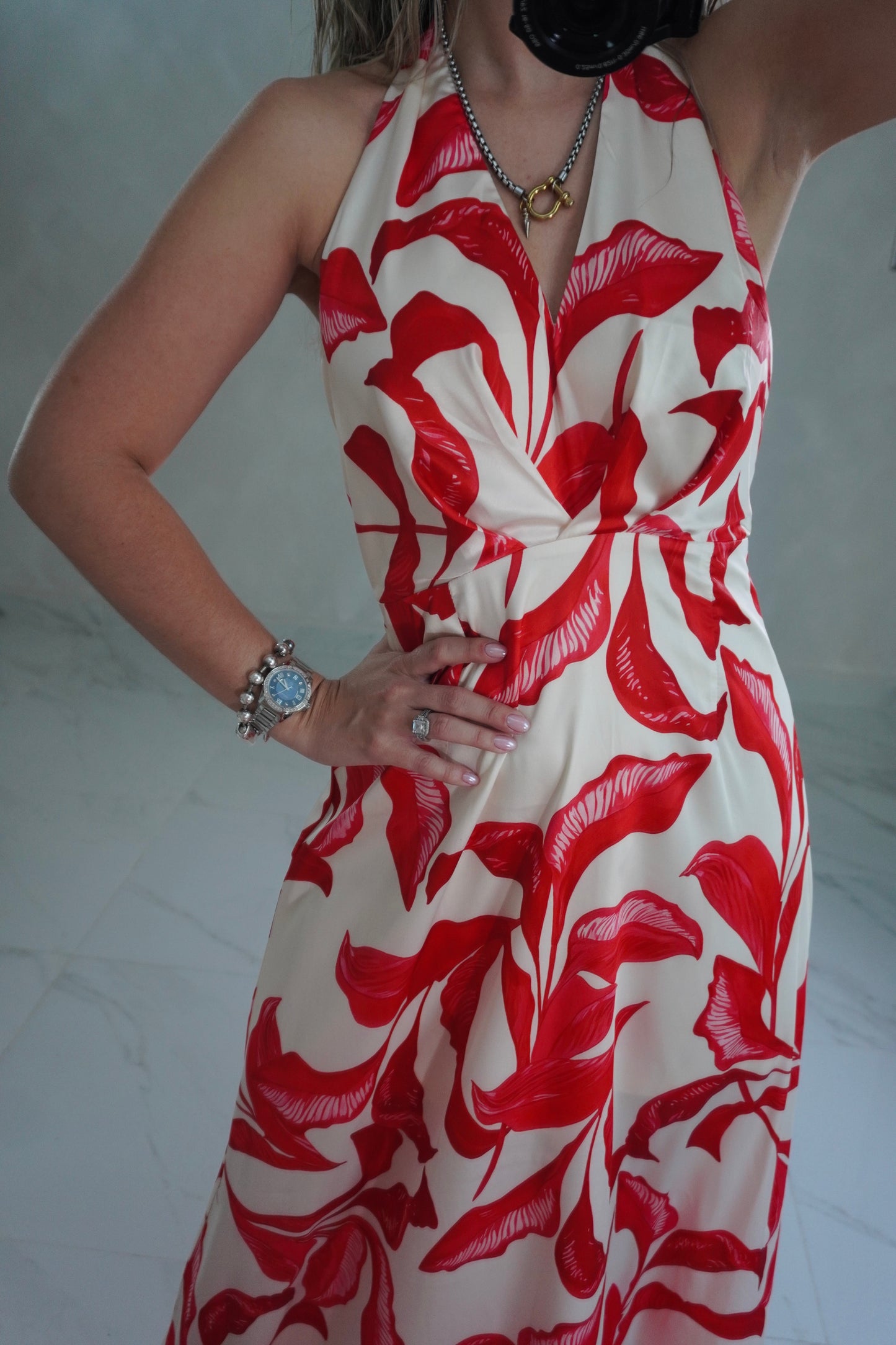 RED HALTER MAXI DRESS
