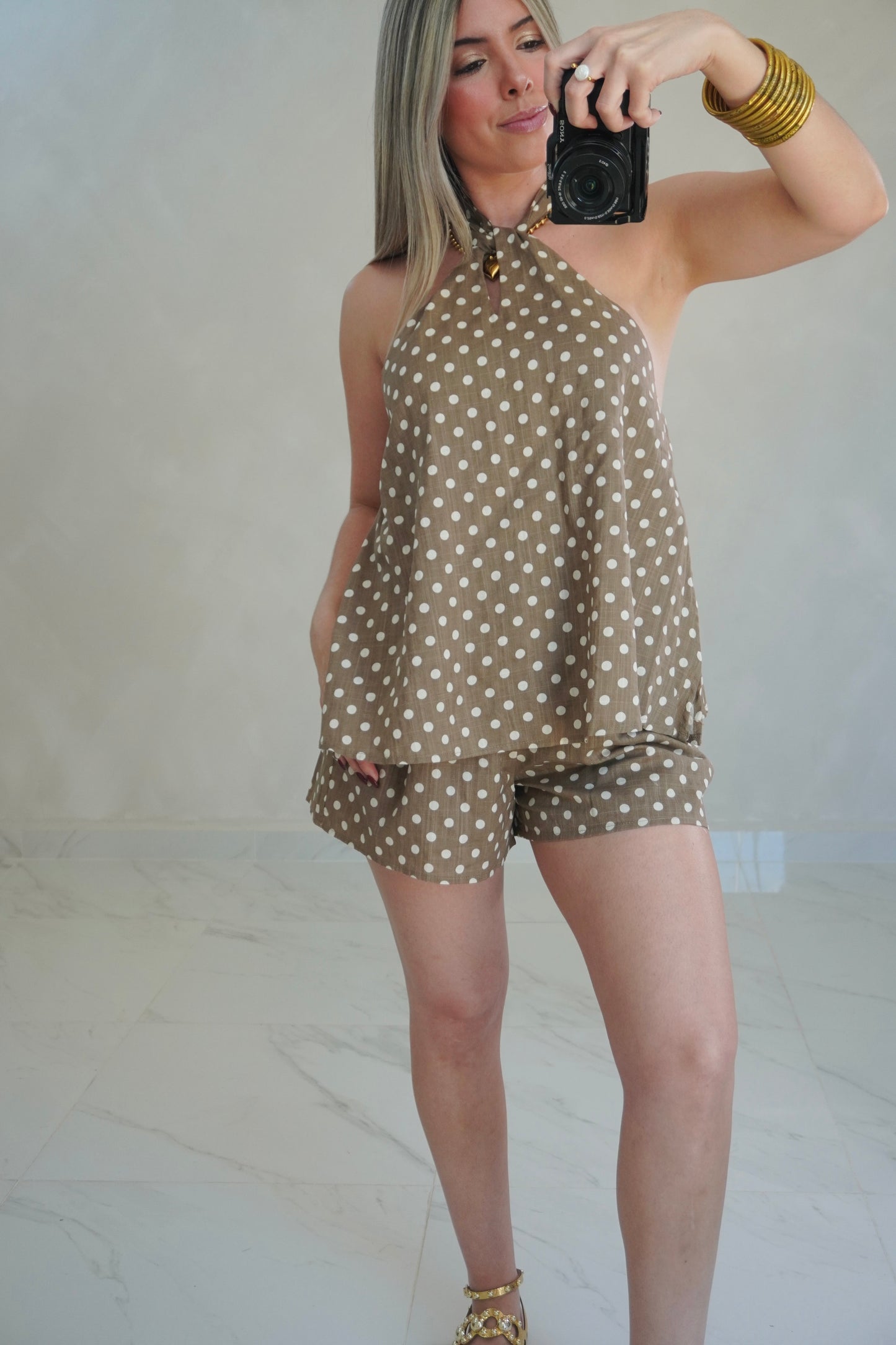 POLKA DOT HALTER TOP & SHORT SET - BROWN