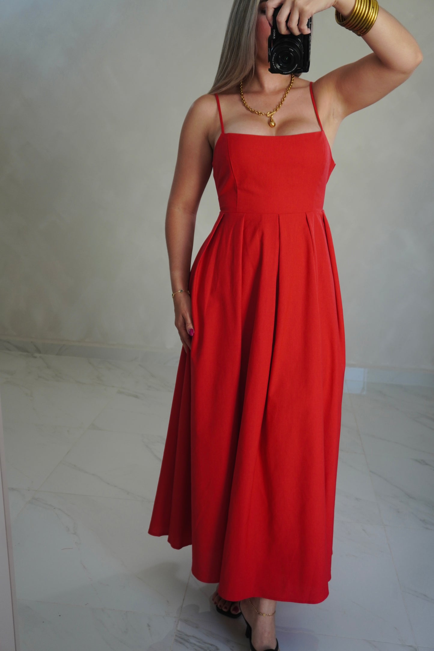 RED LINEN MIDI DRESS