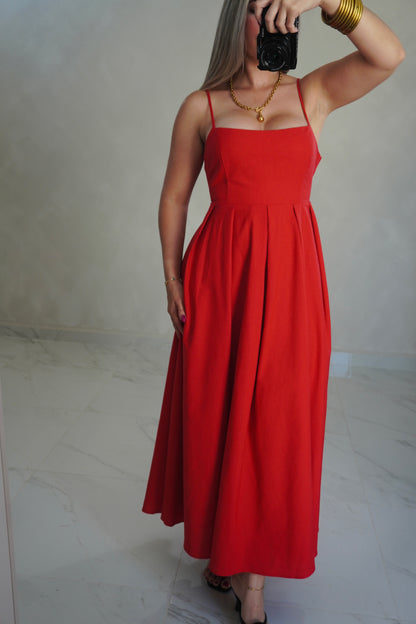 RED LINEN MIDI DRESS