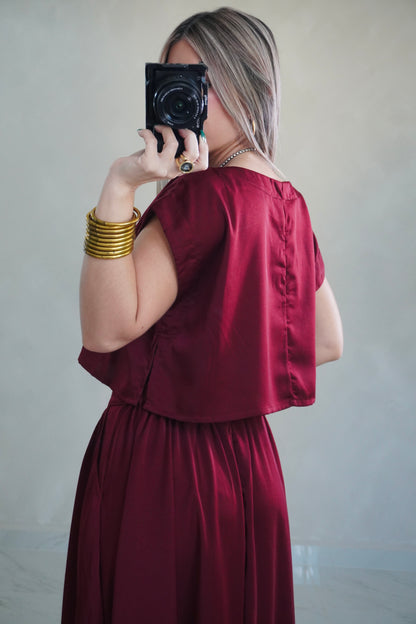 SATIN SKIRT SET - BURGUNDY