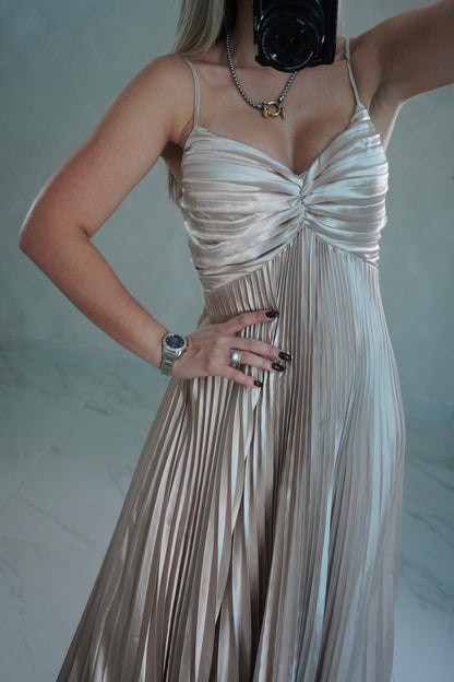 PLEATED CHAMPAGNE MAXI DRESS