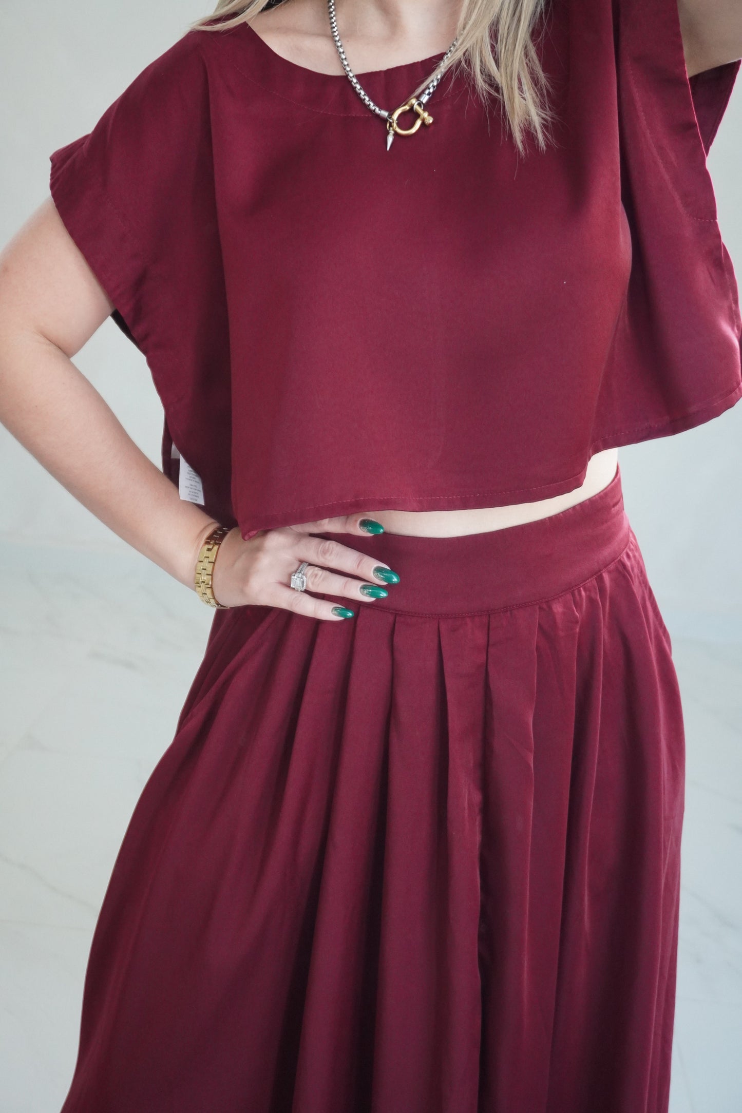 SATIN SKIRT SET - BURGUNDY