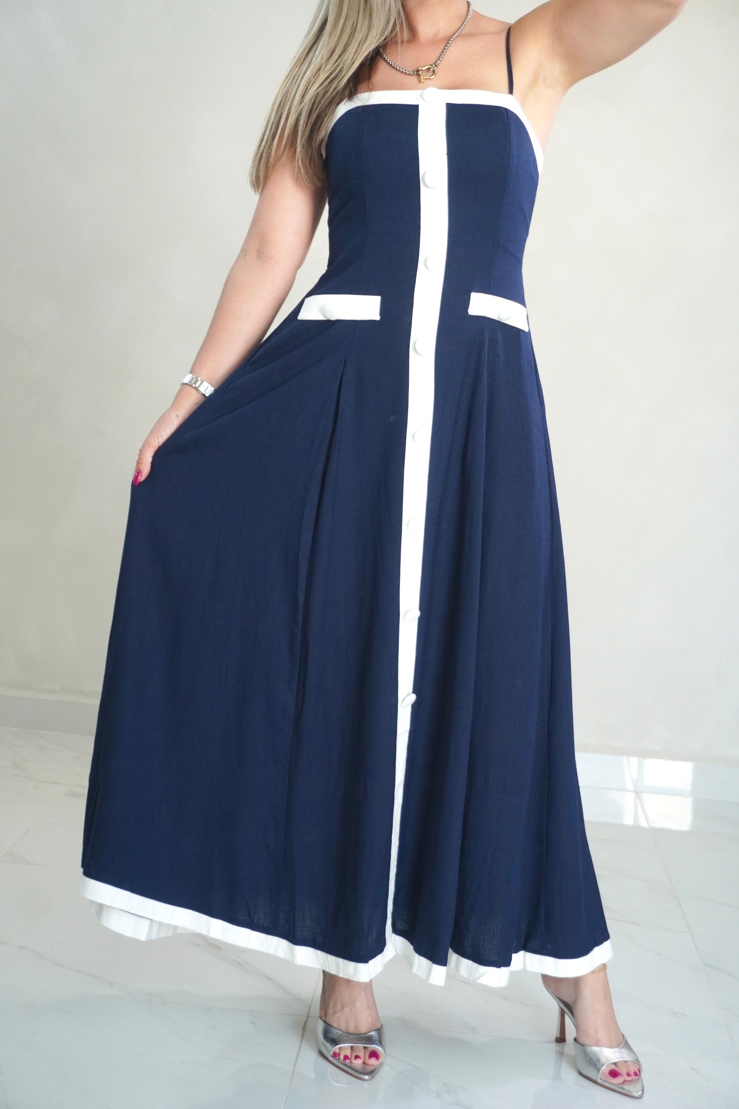 LINEN BACK BOW MIDI DRESS
