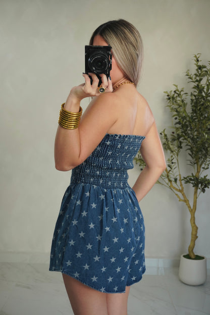 DENIM SMOCKED ROMPER