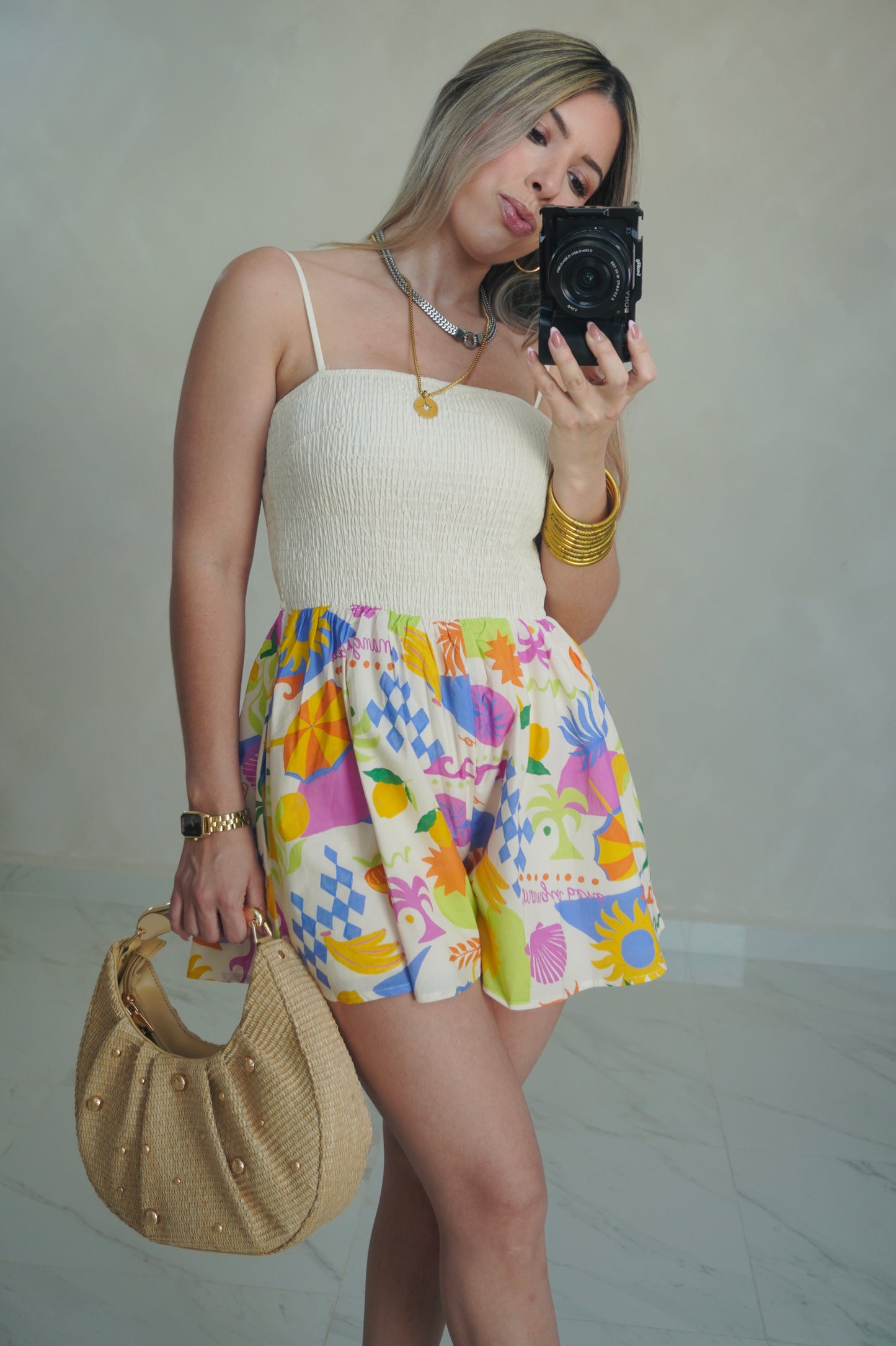 PRINTED SMOCKED ROMPER