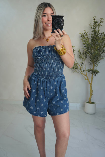 DENIM SMOCKED ROMPER