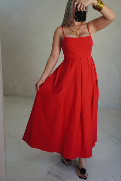 RED LINEN MIDI DRESS