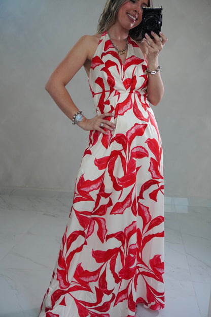 RED HALTER MAXI DRESS