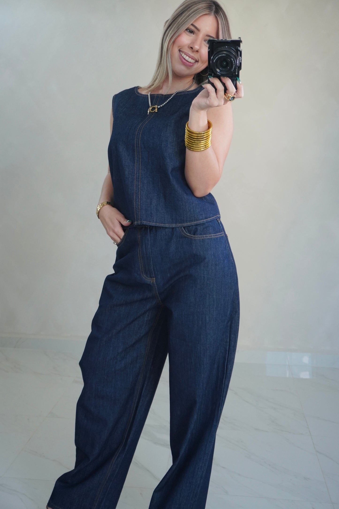 DENIM BACK TIE TOP & PANTS SET