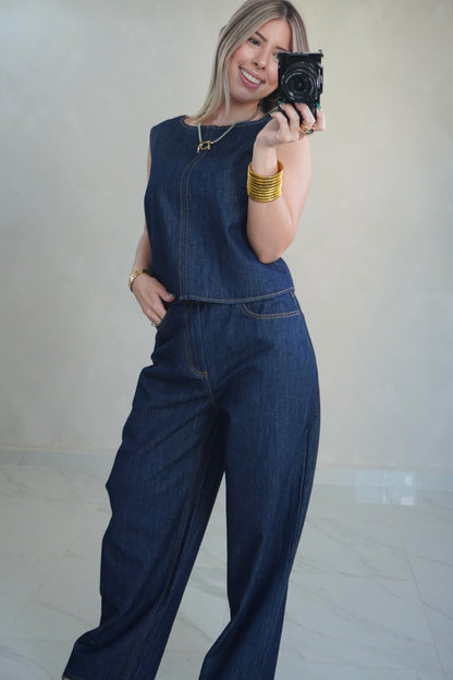 DENIM BACK TIE TOP & PANTS SET