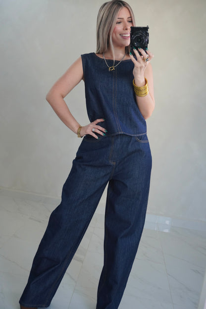 DENIM BACK TIE TOP & PANTS SET