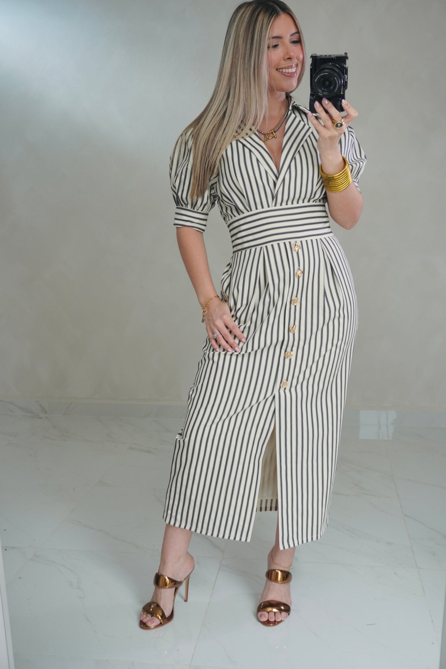 STRIPE SLEEVE MIDI DRESS
