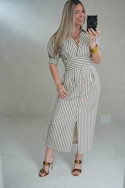 STRIPE SLEEVE MIDI DRESS