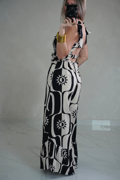 SMOCKED PRINTED JUMPSUIT