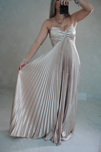 PLEATED CHAMPAGNE MAXI DRESS