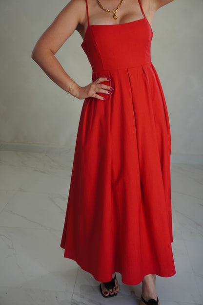 RED LINEN MIDI DRESS