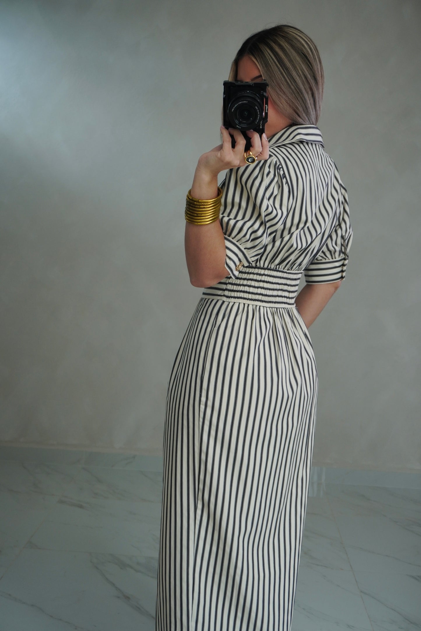 STRIPE SLEEVE MIDI DRESS
