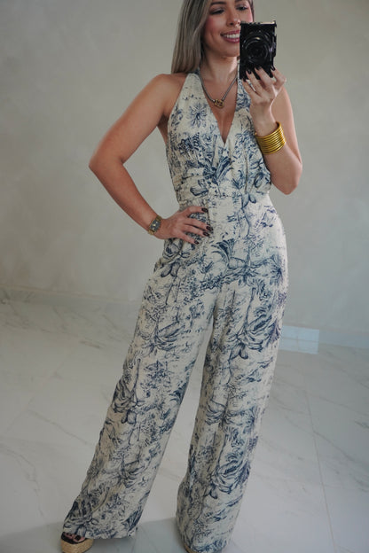 HALTER NAVY BEIGE JUMPSUIT