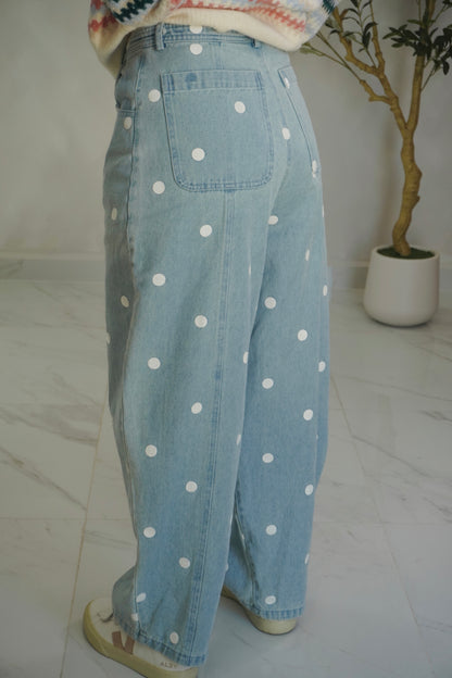 POLKA DOT MID WAIST BARREL JEAN