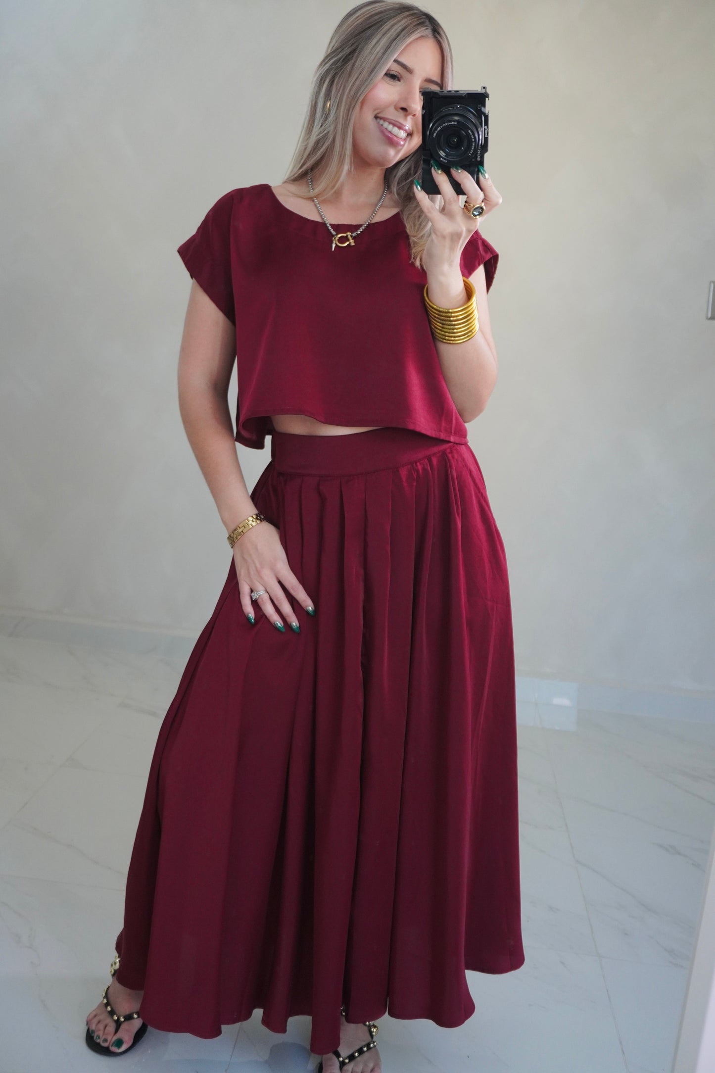 SATIN SKIRT SET - BURGUNDY
