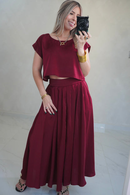 SATIN SKIRT SET - BURGUNDY