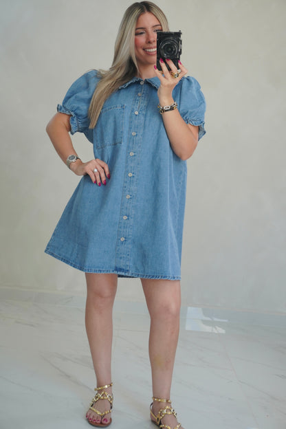 DENIM PUFF SLEEVES DRESS
