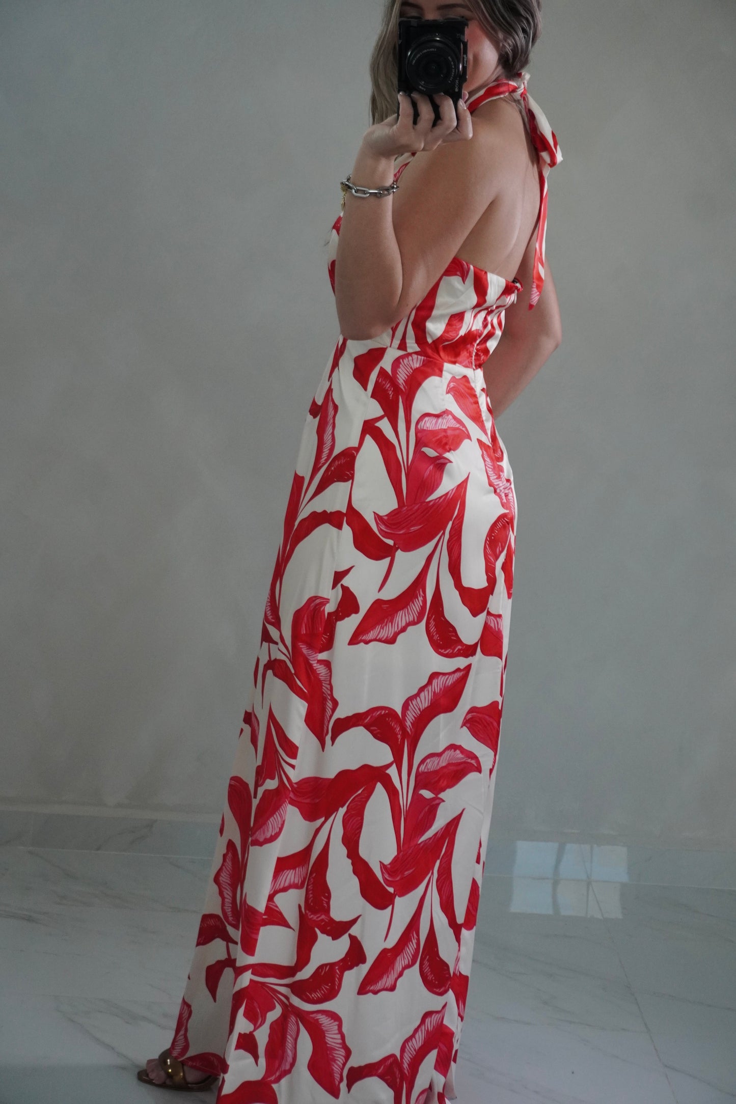RED HALTER MAXI DRESS