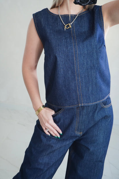 DENIM BACK TIE TOP & PANTS SET