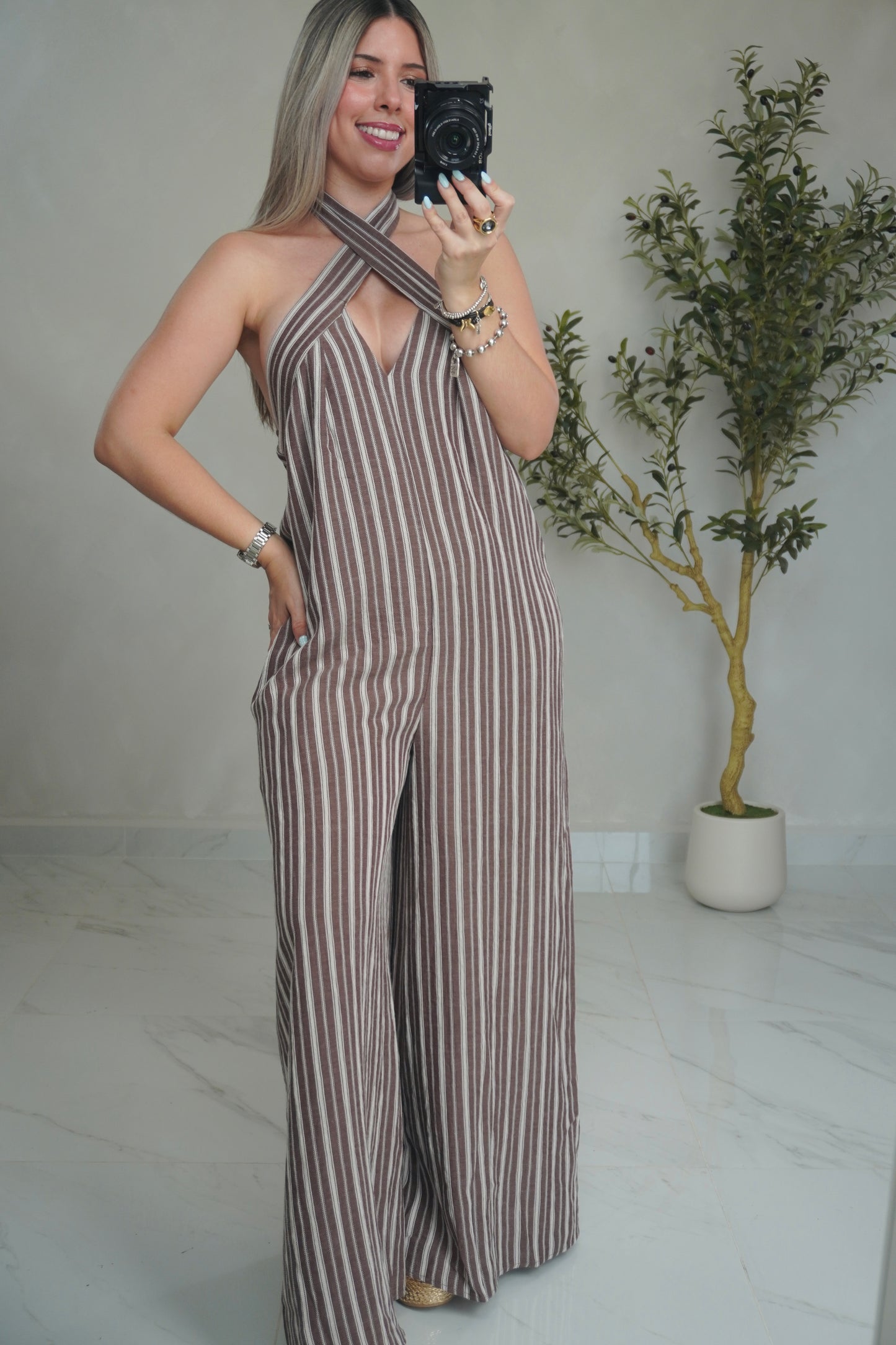 STRIPED HALTER JUMPSUIT