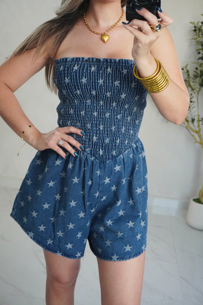 DENIM SMOCKED ROMPER