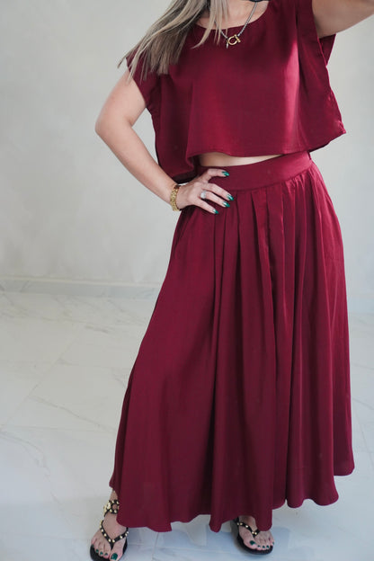 SATIN SKIRT SET - BURGUNDY