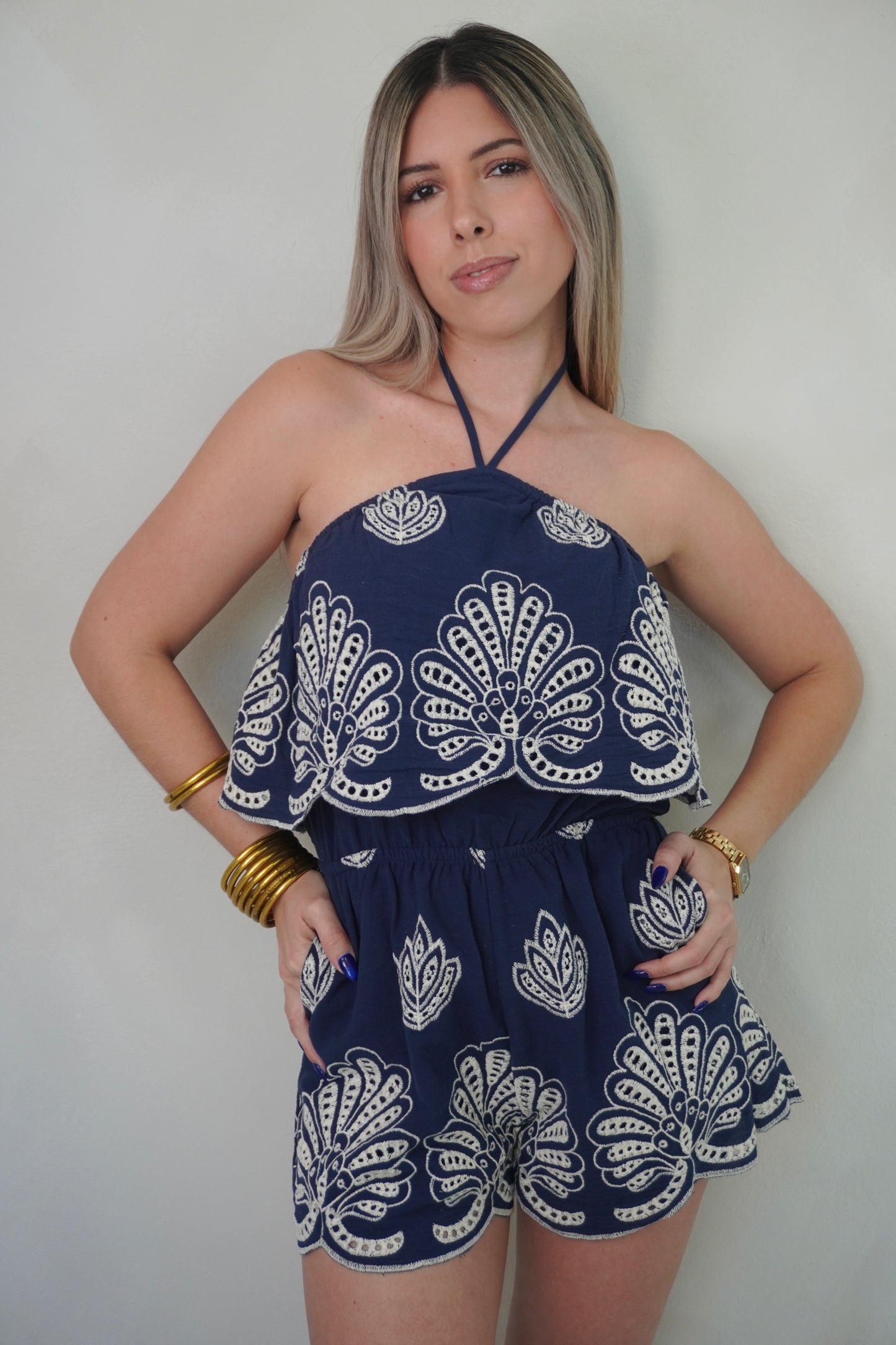 EYELET ROMPER - NAVY