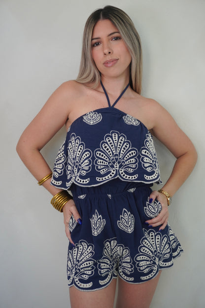 EYELET ROMPER - NAVY