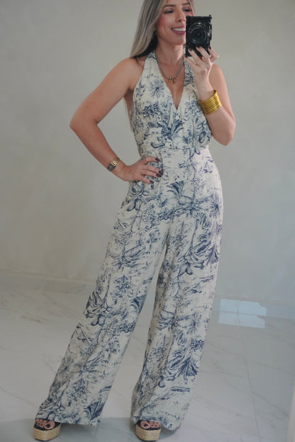 HALTER NAVY BEIGE JUMPSUIT
