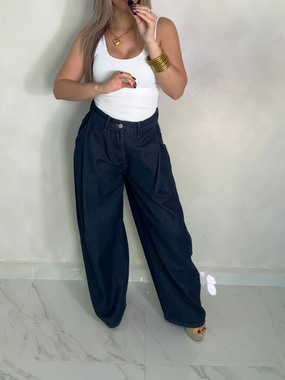 MID-RISE PLEAT DENIM PANTS