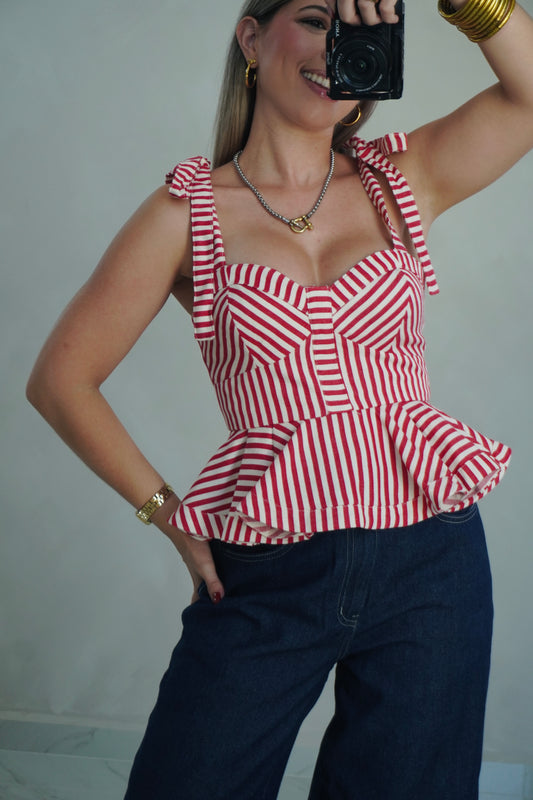 PEPLUM BOW TIE TOP - RED